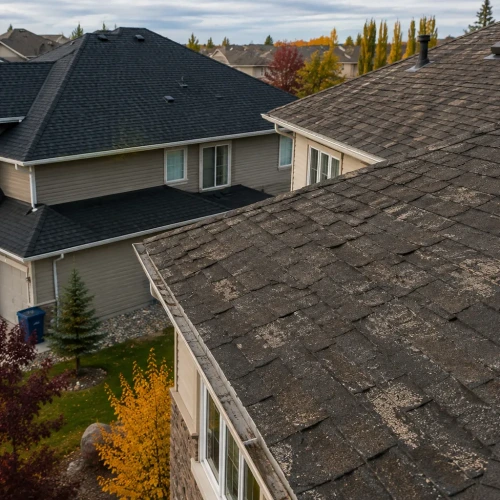 Aerial view of an aging residential roof with severe granule loss and weathered shingles